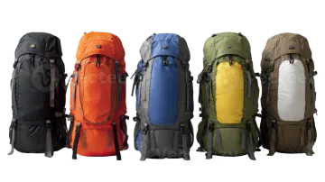 a row of different colored backpacks