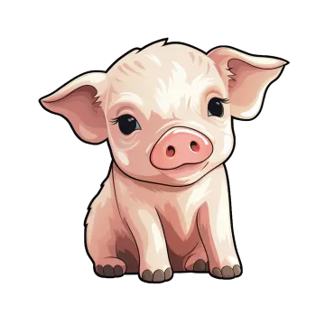 a small pig with big eyes sitting on the ground