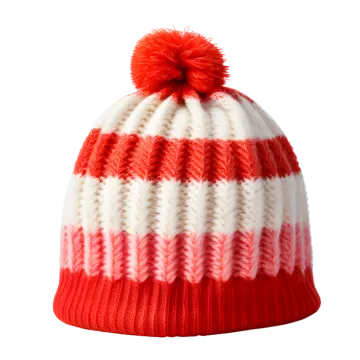 a red and white knit hat with a pom