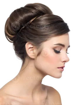 a woman with her hair in a bun