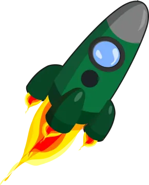 a green rocket with red and yellow flames