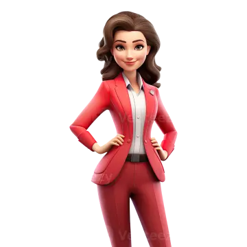 a woman in a red suit and white shirt, standing with her hands on her hips