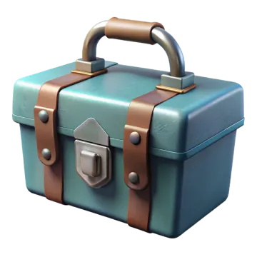 a blue and brown suitcase with leather handles