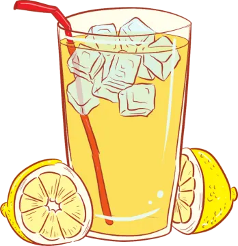 a glass of orange juice with ice and lemon slices