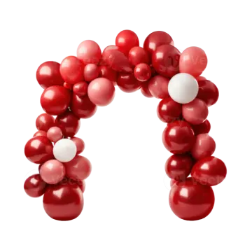 a red balloon arch with white balloons