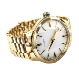 a gold wrist watch with a white dial