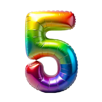 a rainbow colored number 5 balloon on a white background