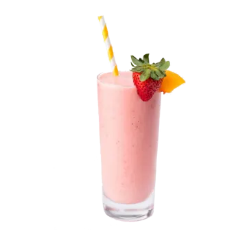 a glass filled with fruit and a straw