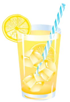 a glass of orange juice with ice and lemon slices