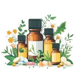 a bottle of essential oil surrounded by flowers and herbs