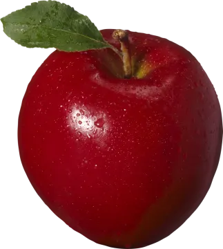 a red apple with a leaf on it