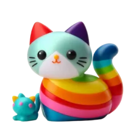 a small toy with a rainbow colored cat on it