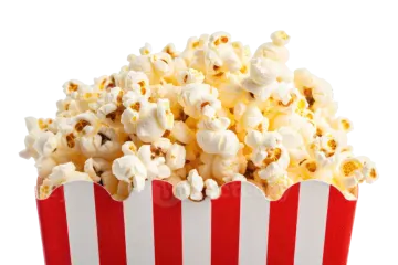 a red and white striped box of popcorn