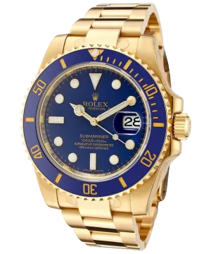 a gold watch with blue dial