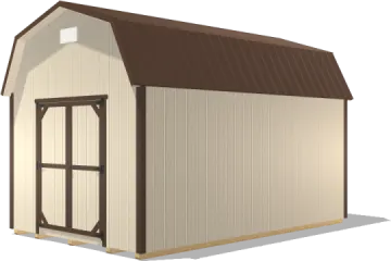 a small shed with a brown roof