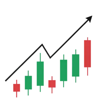 a green and red chart with an arrow pointing up
