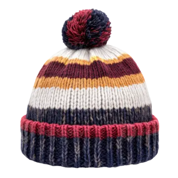 a knitted beanie hat with multi stripes