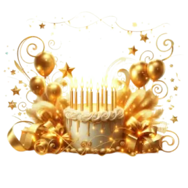 a golden birthday cake with candles and stars