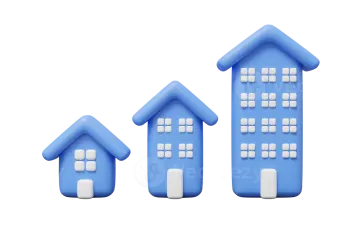 a row of blue houses with white windows