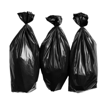 three black trash bags on white background