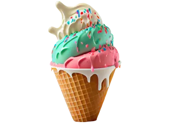 an ice cream cone filled with colorful ice cream on a white background stock photo