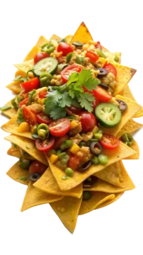 a plate of nachoa chips with tomatoes and avocas