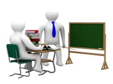 two people sitting at a desk in front of a blackboard
