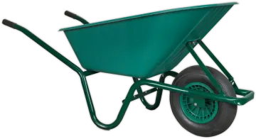 a green wheelbart with black wheels
