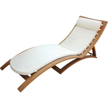 a wooden lounge chair with white cushions