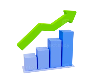 a blue and green bar chart with an arrow pointing up