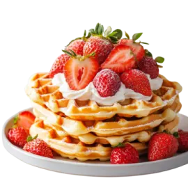 a plate of pancakes with strawberries and whipped cream