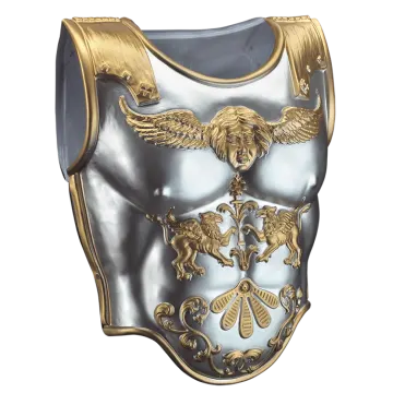 a silver and gold armor with two winged eagles