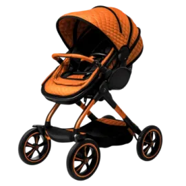 a stroller with an orange and black color scheme
