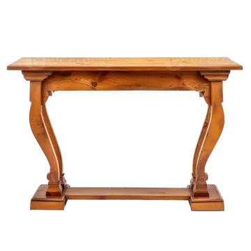 a small wooden table on a white background