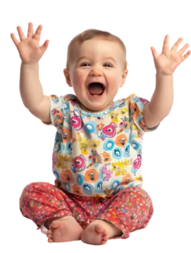 a baby sitting on the floor with her hands up