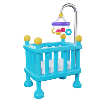 a blue baby cribt with a toy in it