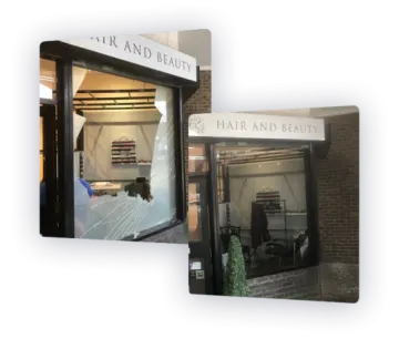 the front and back of an office with a broken glass door