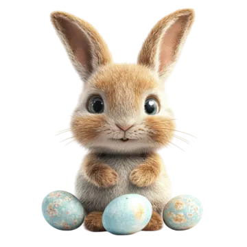 a small rabbit sitting next to two eggs