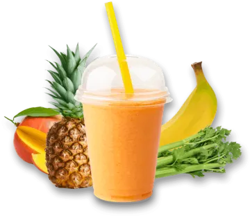 a glass of fruit and a banana next to it