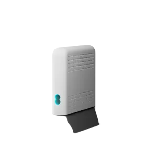 a white air puer with a blue button on it