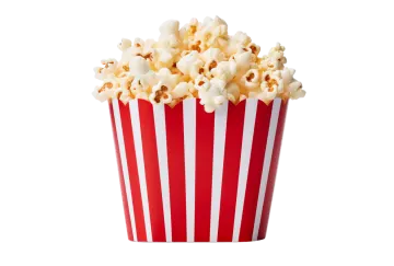 a red and white striped popcorn bucket