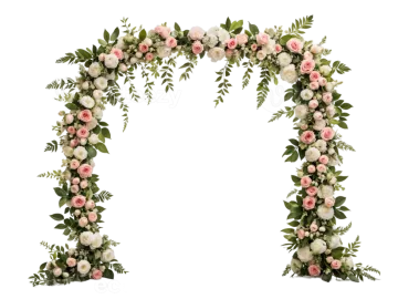 a floral arch with pink and white flowers