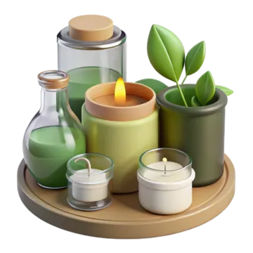 a set of candles and bottles on a tray