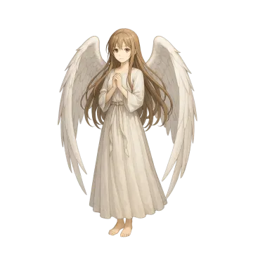 an angel with long brown hair and white wings