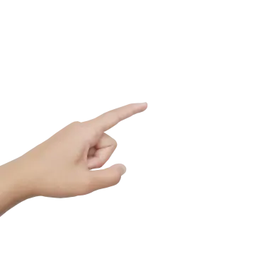 a hand pointing at something on a white background