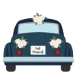 a blue car with flowers on the back