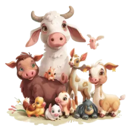 a group of farm animals standing in the grass