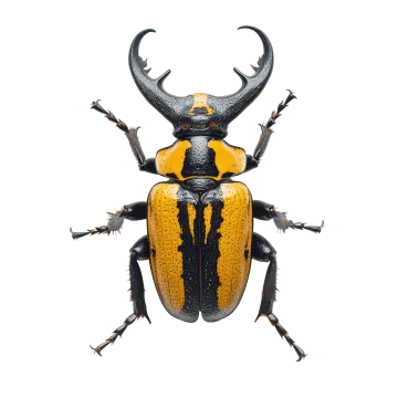 a black and yellow beetle on a white background