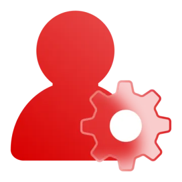a red icon of a person holding a gear wheel
