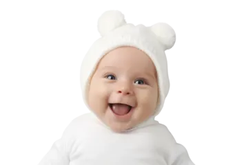 a baby wearing a white bear hat